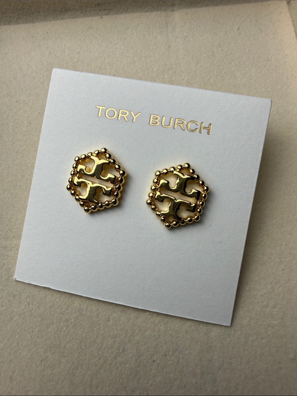 Tory Burch Gold Logo Beaded Hexagon Stud Earrings - Picture 2 of 5